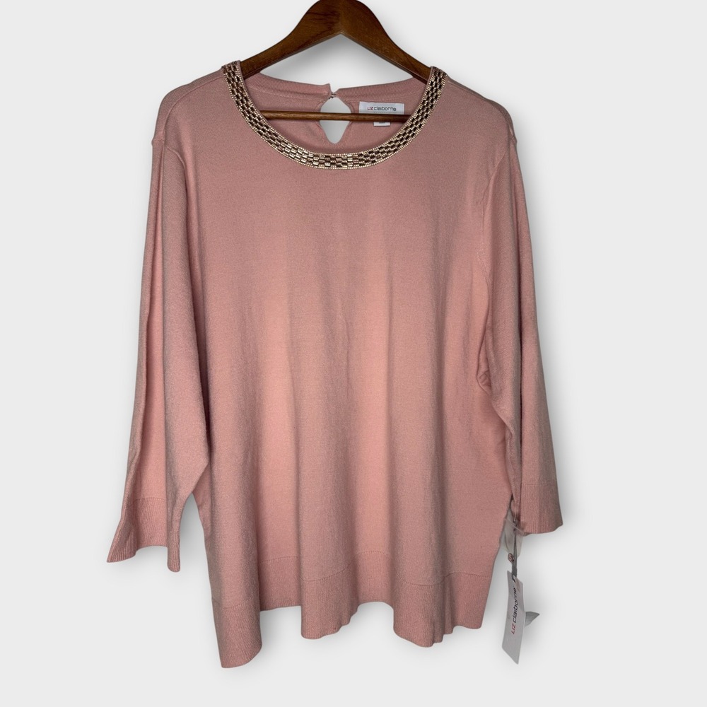 NWT Liz Claiborne 3/4 Sleeves Pink Sweater Rhinestones Gems Holiday Party Sz 2X